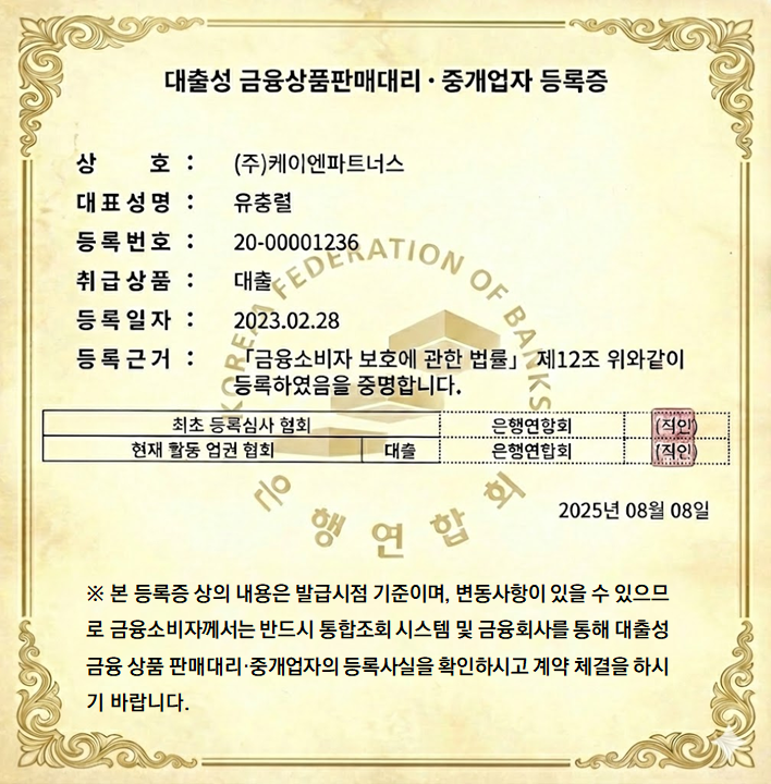 대출모집법인 등록증 - (주)케이엔파트너스